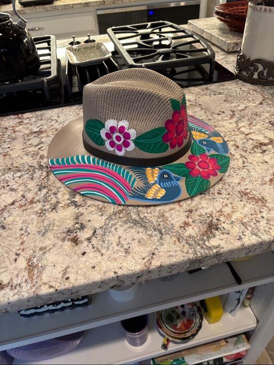 Hand Painted Straw Fedora with Colorful Floral & Bird Design main image 4